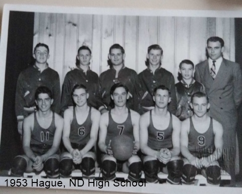 1953 Hague, ND High School basketball team with Alvin Tschosik Coach.