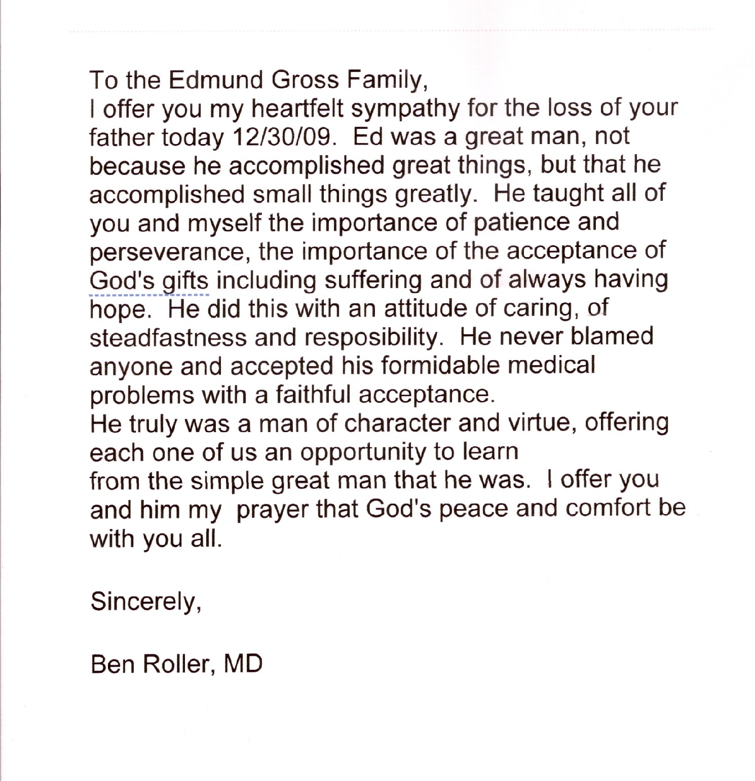 Letter from Ben Roller, MD to the Edmund Gross Family