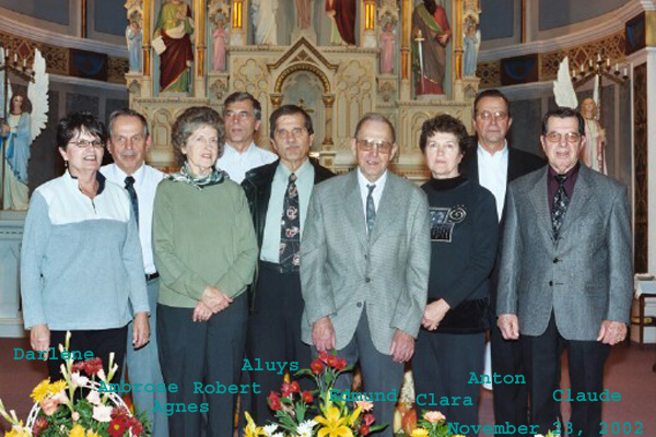 Brothers of Edmund Gross. The three not in photo, Matt, Pius, and Joe. Ermina's Funeral, November 23, 2002 at Sts. Peter and Paul Catholic Church, Strasburg, ND