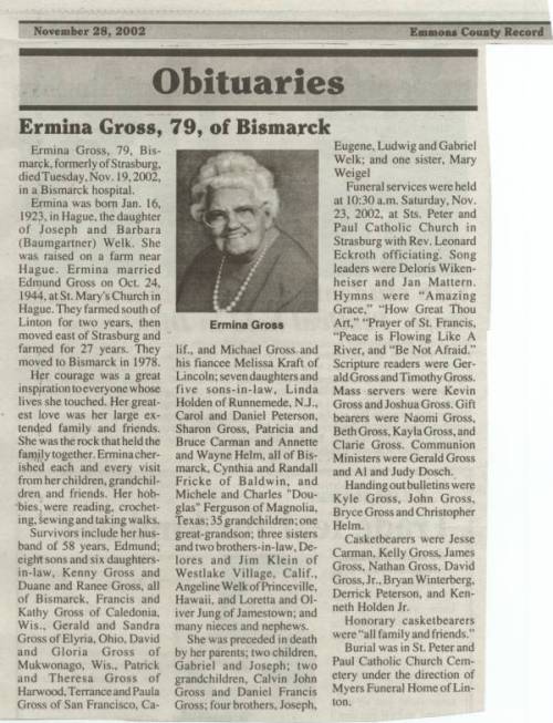 Ermina's obituary, Emmons County Record, Linton, ND.