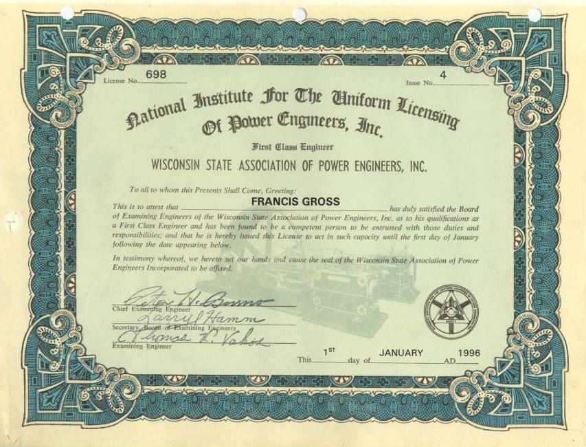 1st Class Power Engineer Certificate