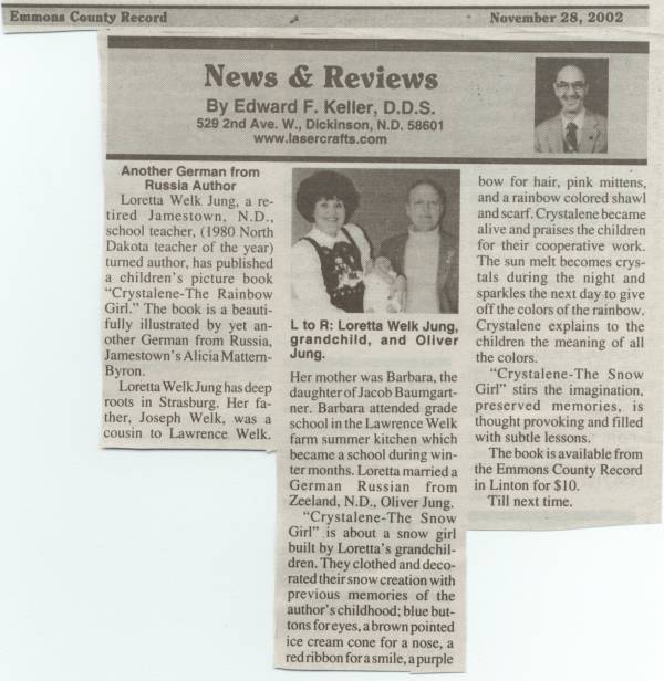 Loretta Welk Jung, sister of Ermina, News and Reviews, Emmons County Record, Linton, ND.