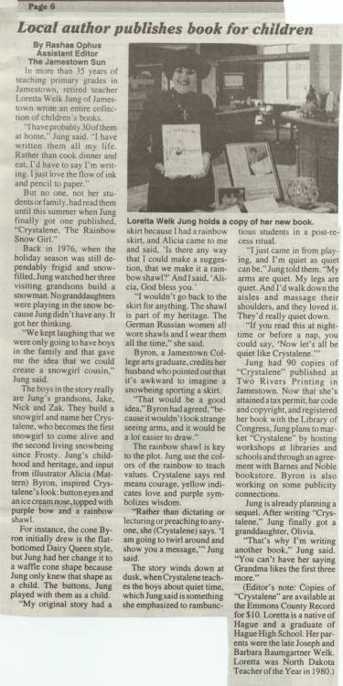 Loretta Welk Jung, sister of Ermina, News Article November 28, 2002, Emmons County Record, Linton, ND.