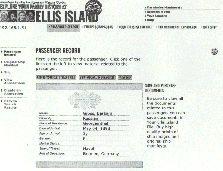 Ship Havel's Immigration Passenger List - Barbara Gross.
