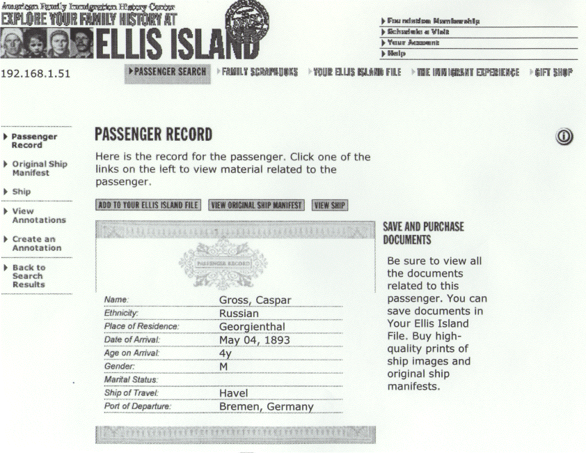 Ship Havel's Immigration Passenger List - Casper Gross.