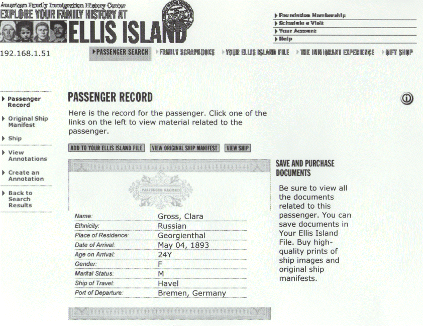 Ship Havel's Immigration Passenger List - Clara Gross.