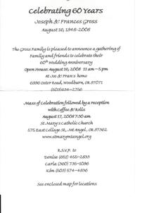 Aygust 16, 2008, 60th Wedding Anniversary Invitation.