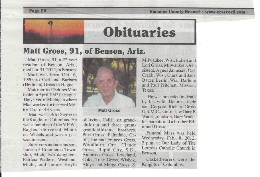 Matt's obituary Emmons County Record