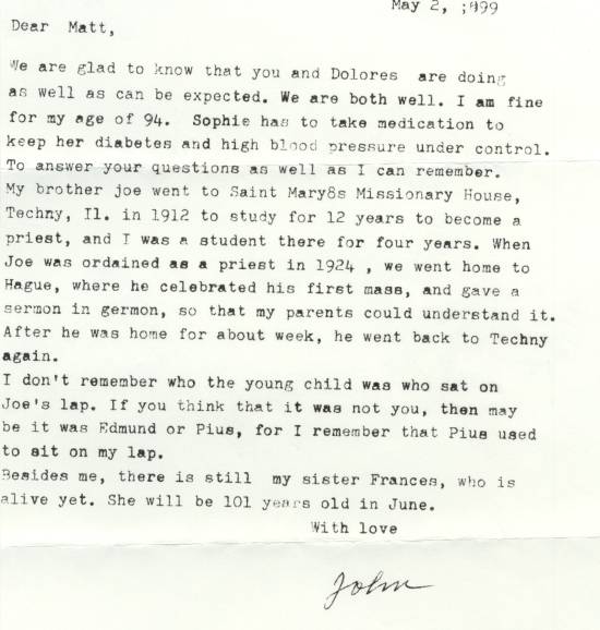 A letter from Uncle John Gross to Matt and Delores