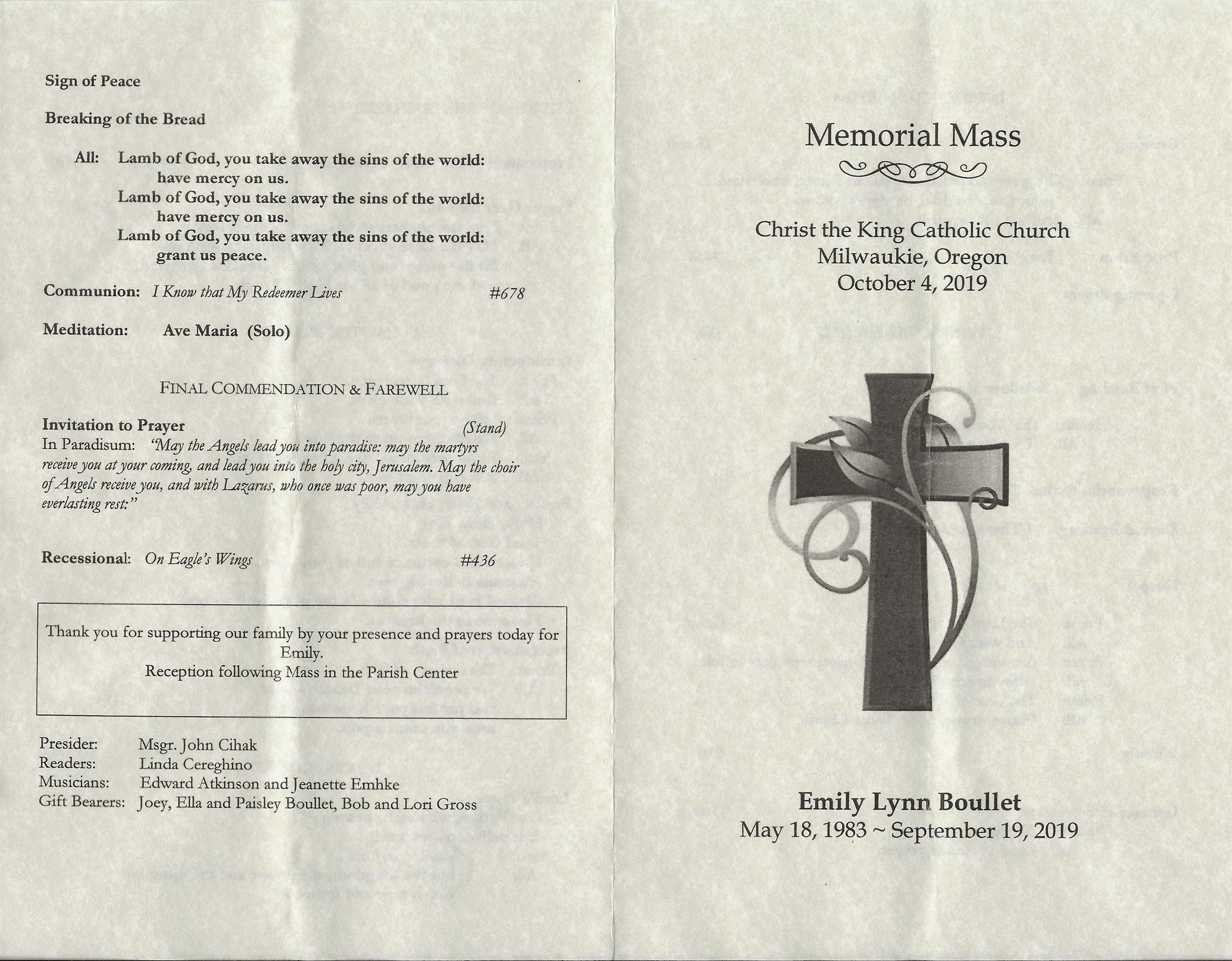October 4, 2019 Emily's Mass Booklet.