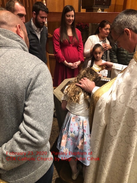 February 23, 2020:  Ella and Paisley Boullet baptized in the Roman Catholic faith by Msgr. John Cihak.