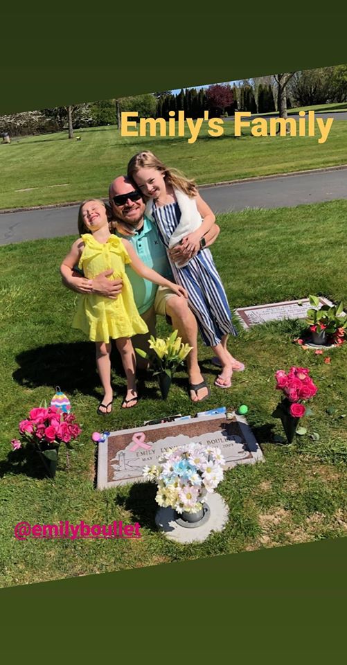 April 2020 Dad with girls at Mom's grave.