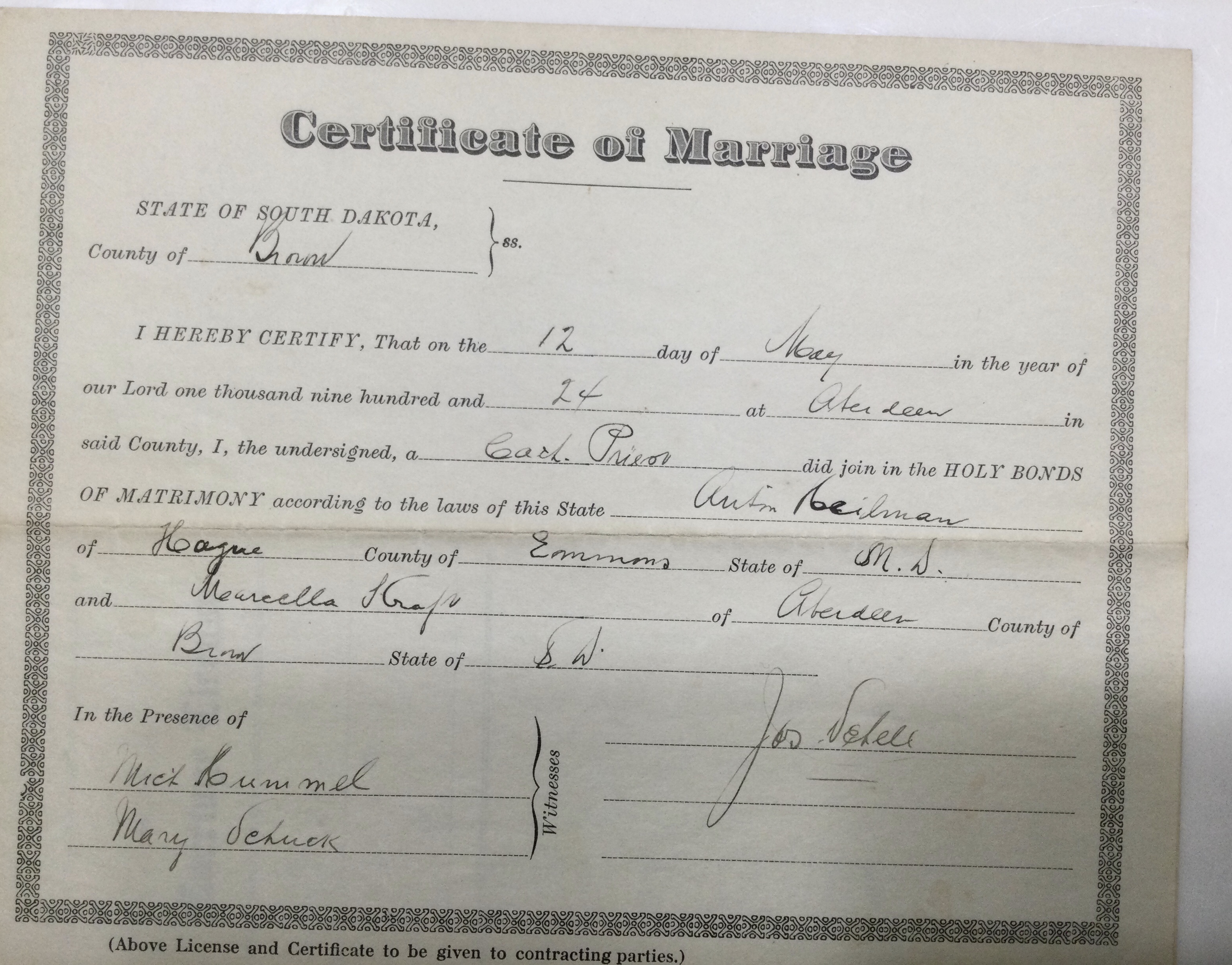 Anton Heilman and Marcella Kraft marriage document 2rd wife.