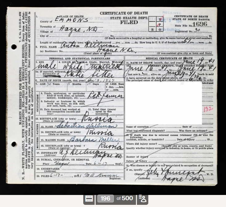 Anton Heilman Death Certificate, age 74.
