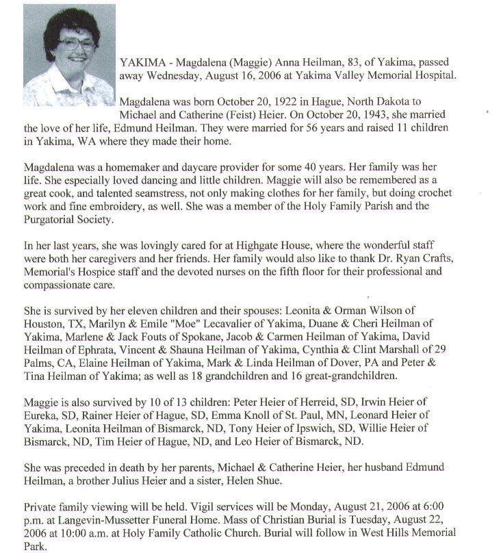 Maggie Heier Heilman Obituary, August 2006