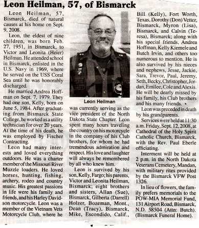 Leon Heilman Obituary Notice, Emmons County Record