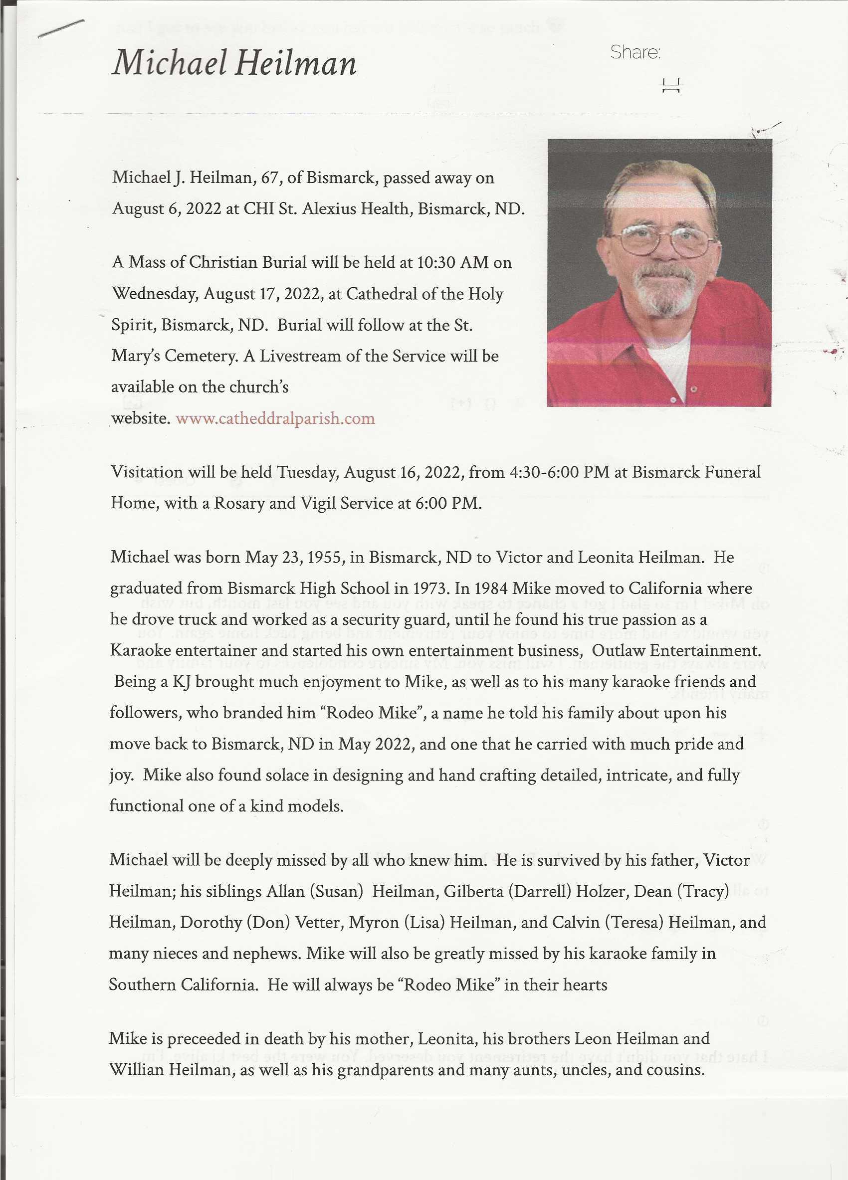 Miclhael Heilman Obituary Notice, Bismarck Tribune