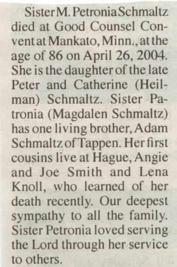 June 10, 2004 Sr. M. Petronia Schmaltz, SSND article from the Emmons County Record Hague, ND news column.