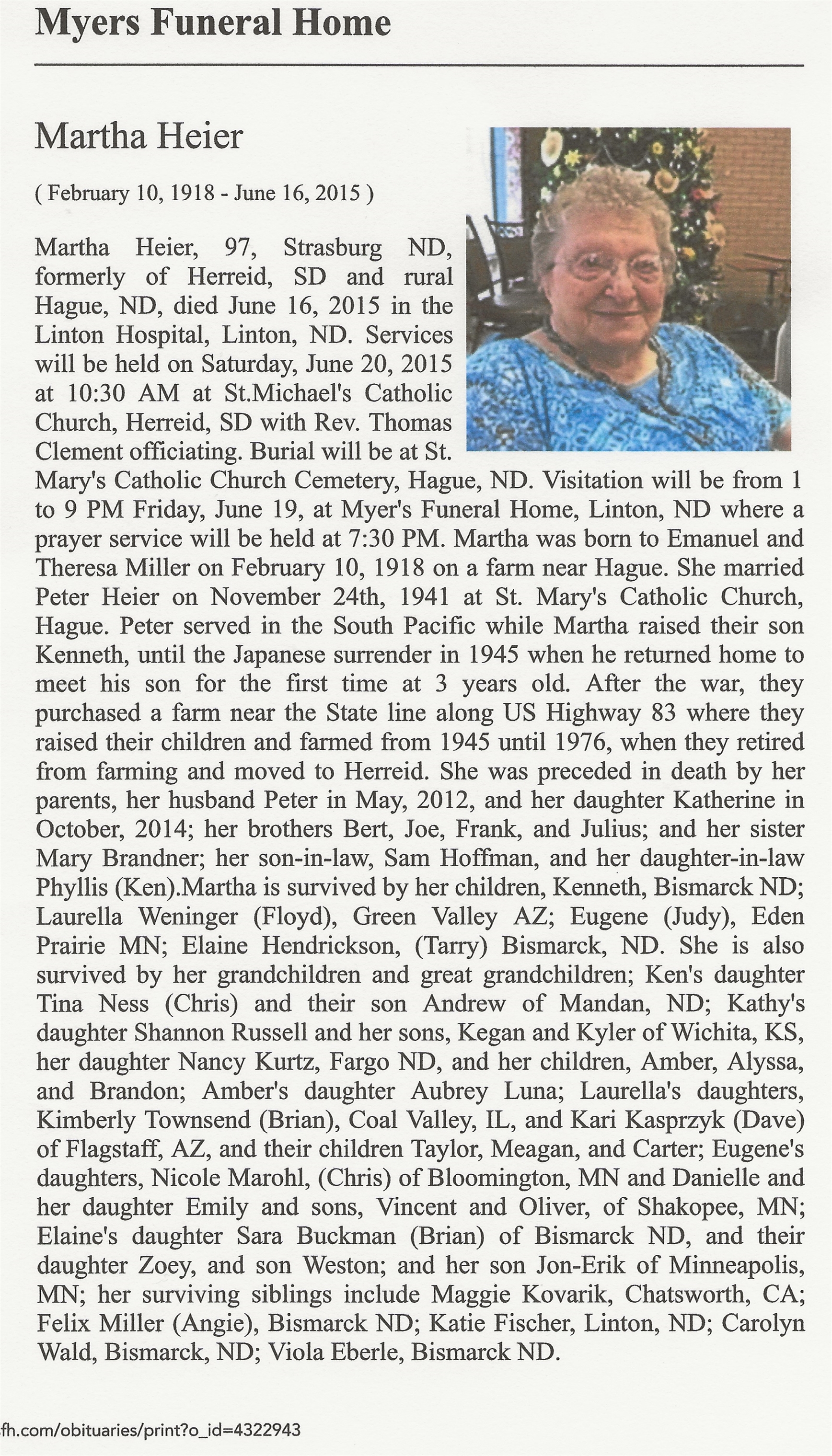Martha (Miller) Heier Obituary, Emmons County Record