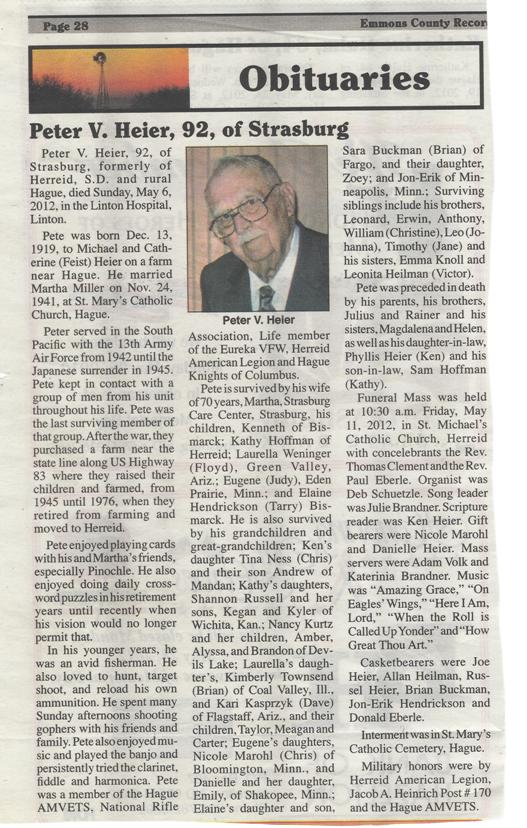 Peter Heier Obituary, Emmons County Record