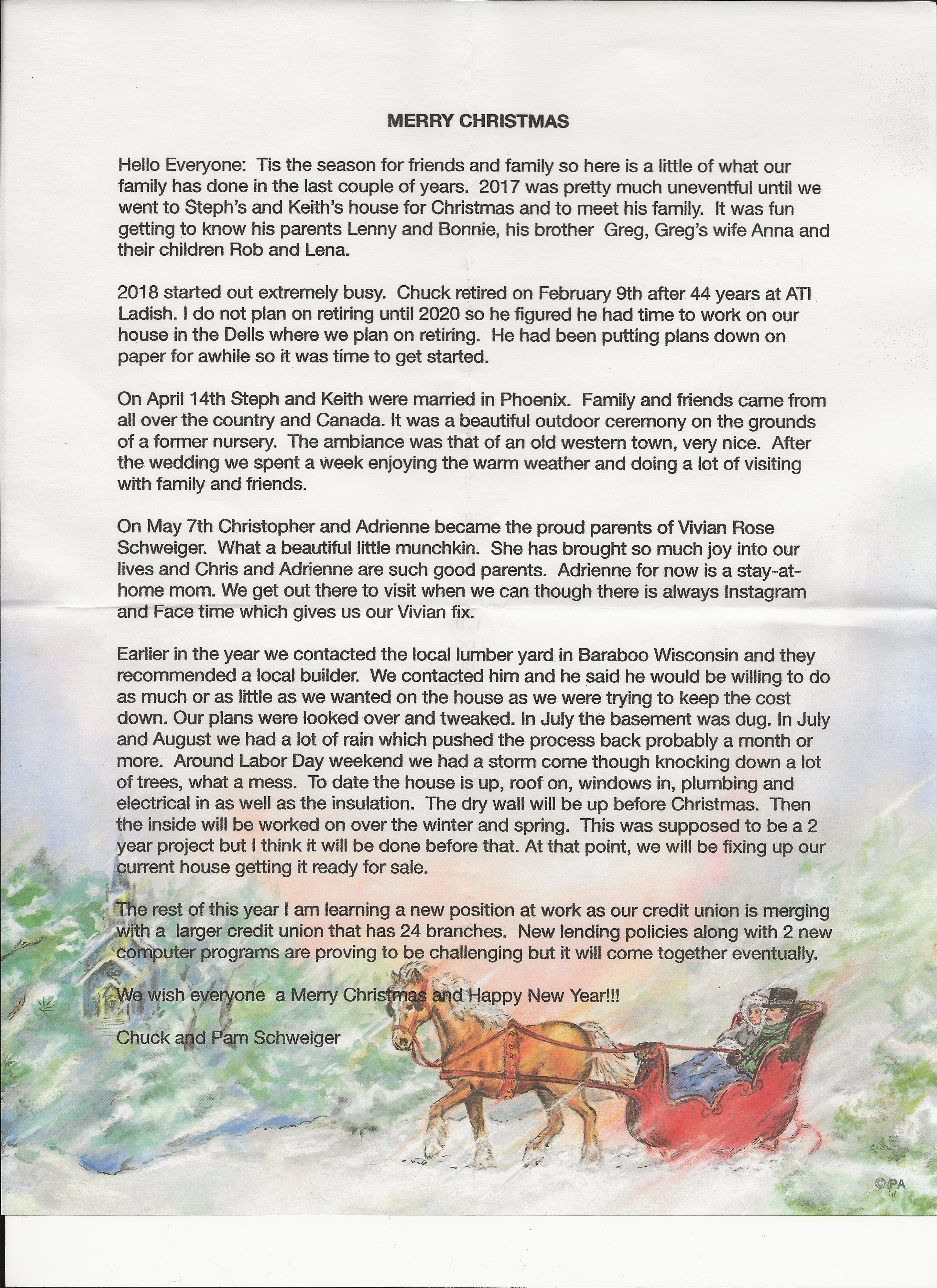 Pamela and Charles Schweiger Christmas letter December 2018