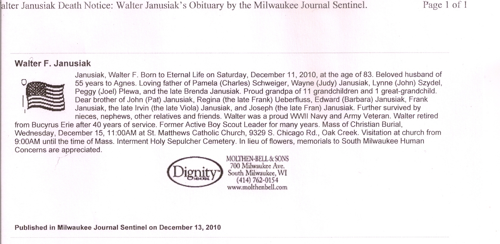 Wally's obituary December 11, 2010