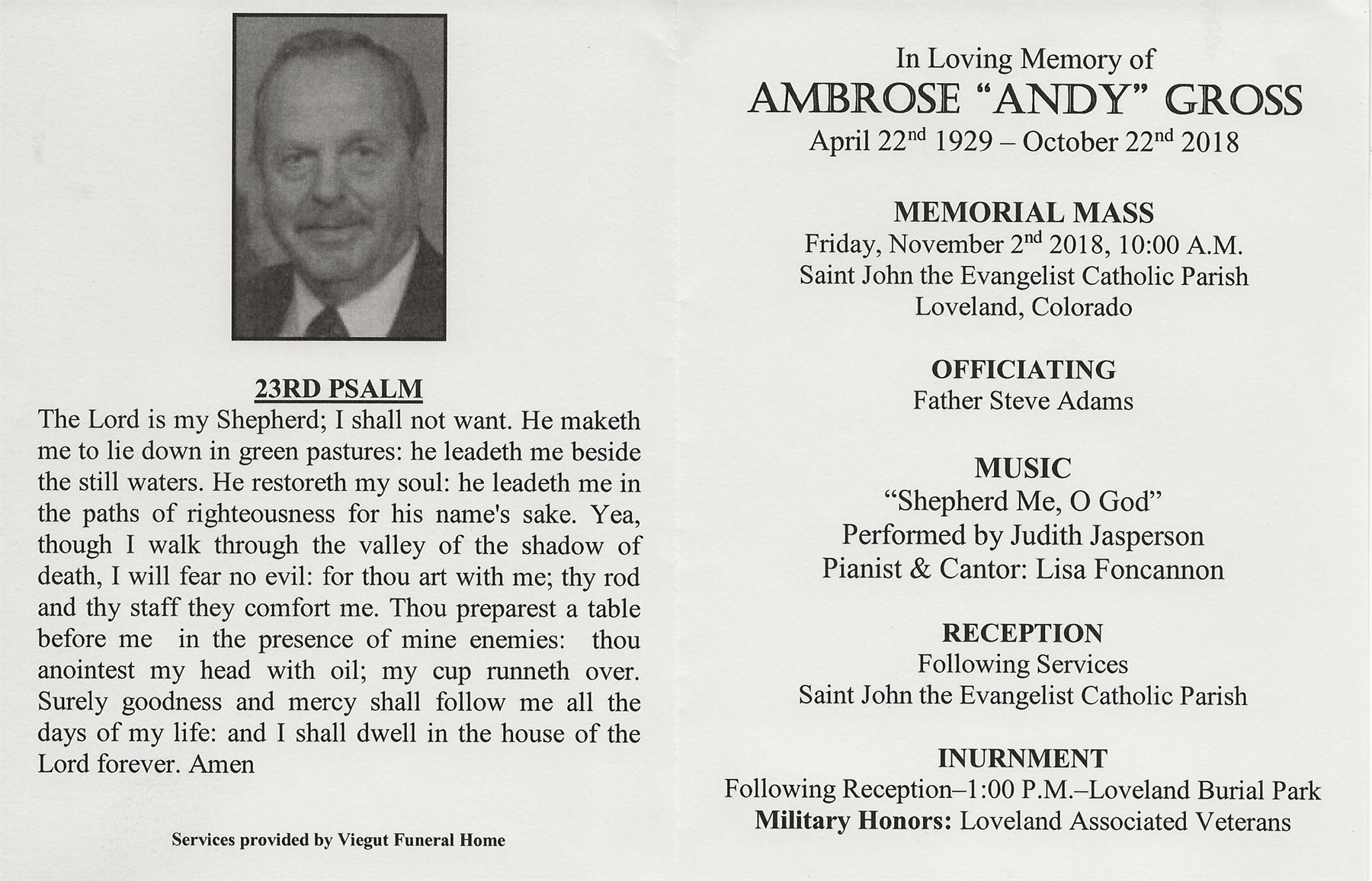 November 2, 2018 Viegut obit card
