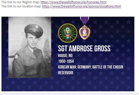 Wall of Honor honoree, North Dakota, Region 4, Hague, ND 