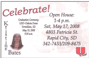 University of South Dakota Graduation Card, May 2008, Rapid City, SD