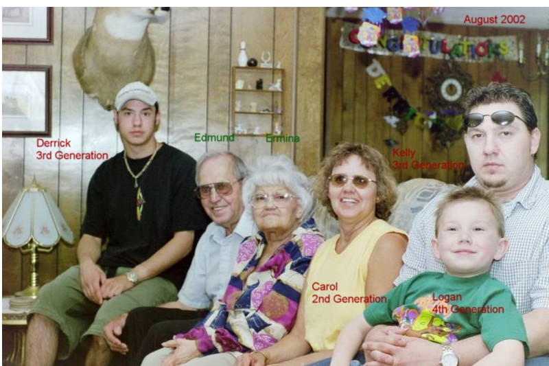 Bismarck, ND, August 2002 Four Generations, Derrick Peterson, Edmund and Ermina Gross, daughter Carol Peterson, Carol's son Kelly Gross holding Kelly's son, Logan
