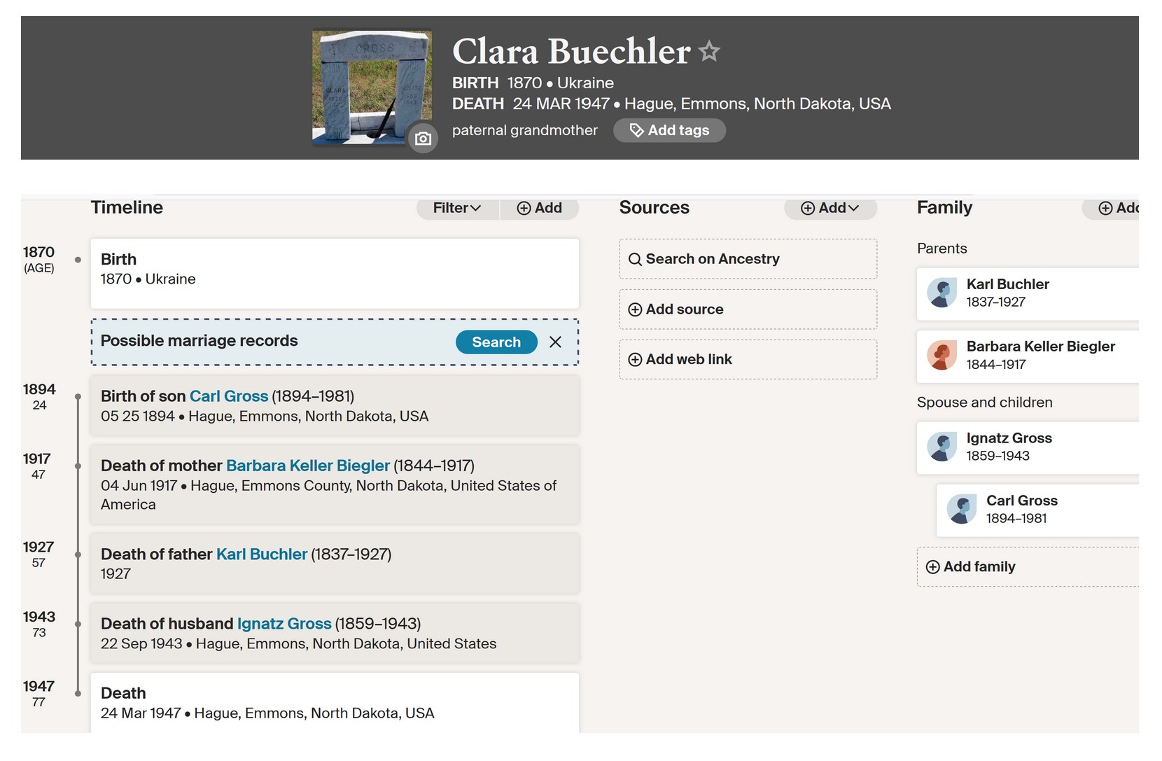 The mother of Clara Buechler, Barbara Keller Biegler, shows as having migrated to Hague, ND.