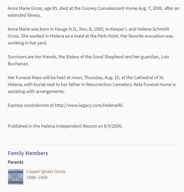 Daughter of Casper and Helena Schmidt Gross