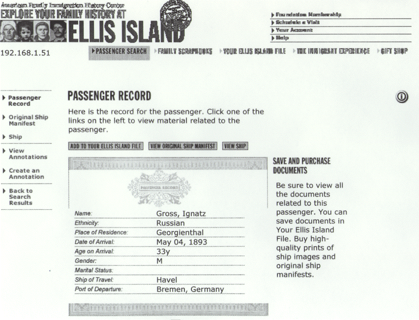 Ship Havel's Immigration Passenger List - Ignatz Gross.