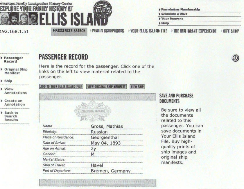 Ship Havel's Immigration Passenger List - Mathias Gross.