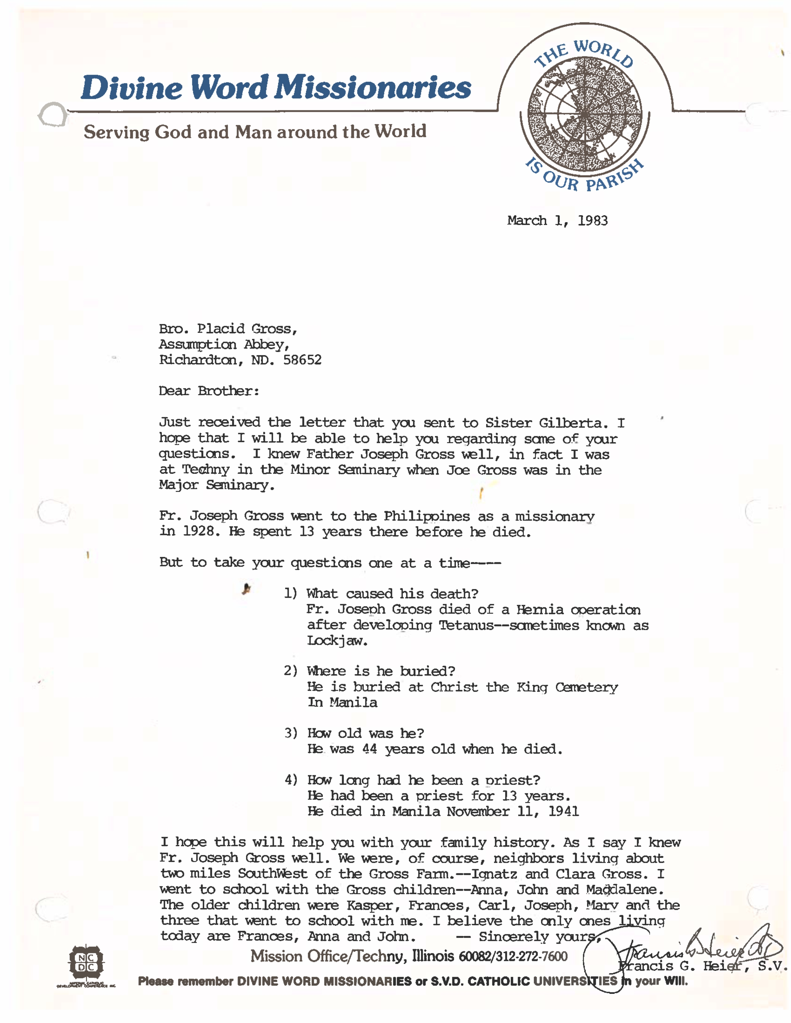 Letter from Fr. Francis Heier