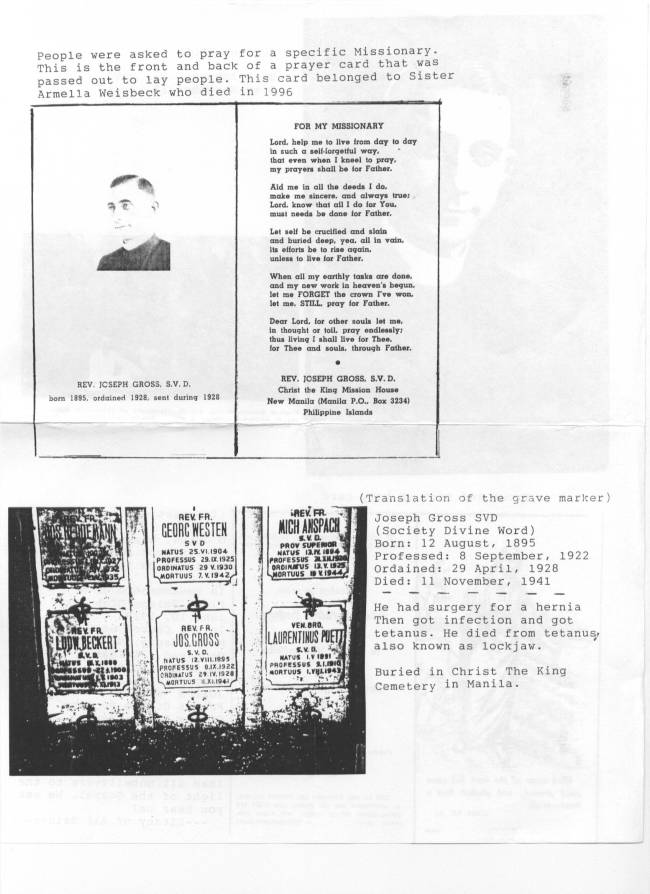 Fr. Joseph Prayer Card and Cemetery
