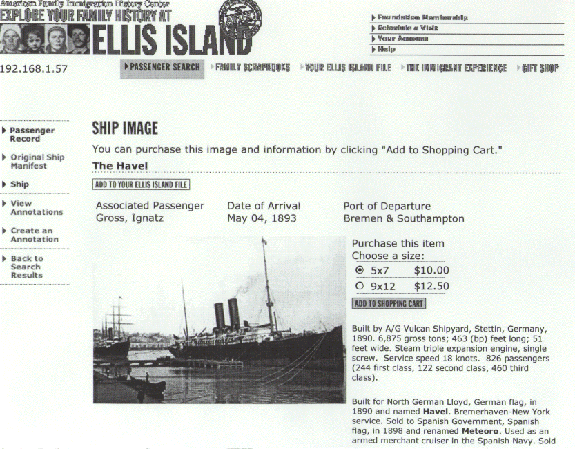The ship Havel that the Ignatz Gross family sailed on to America in 1893.