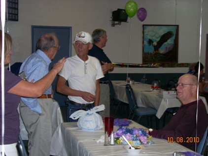 Matt talking to president of the Eagles Hall at Matt's 90th birthday, Benson, AZ