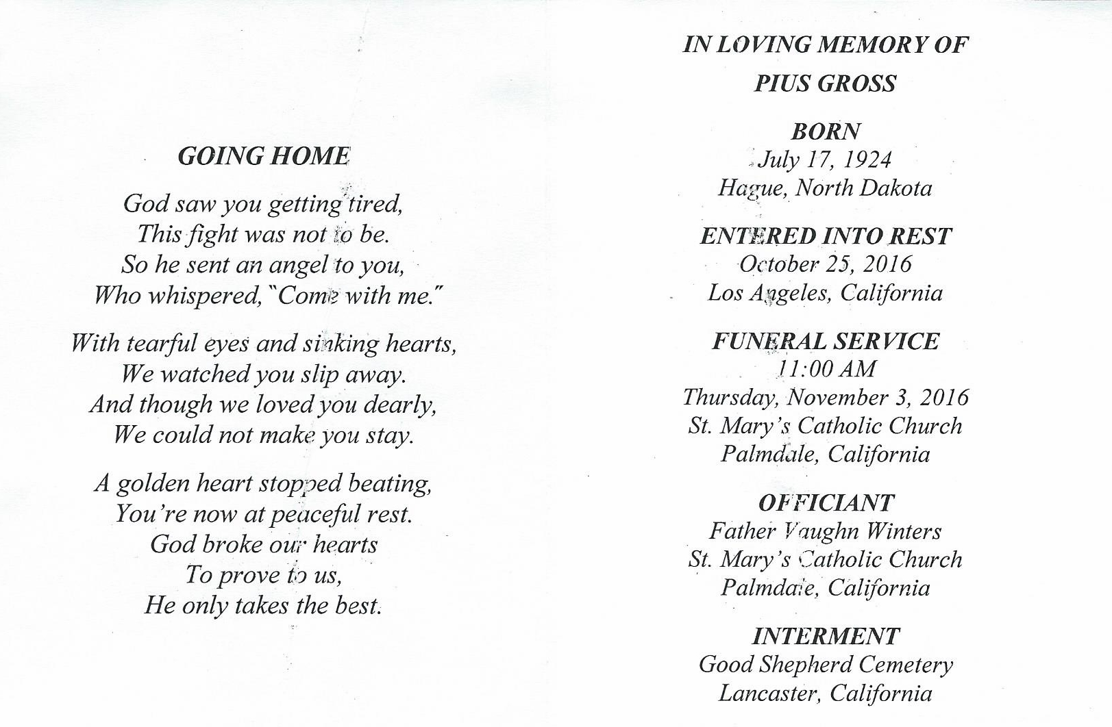October 25, In Memory of Pius Gross.