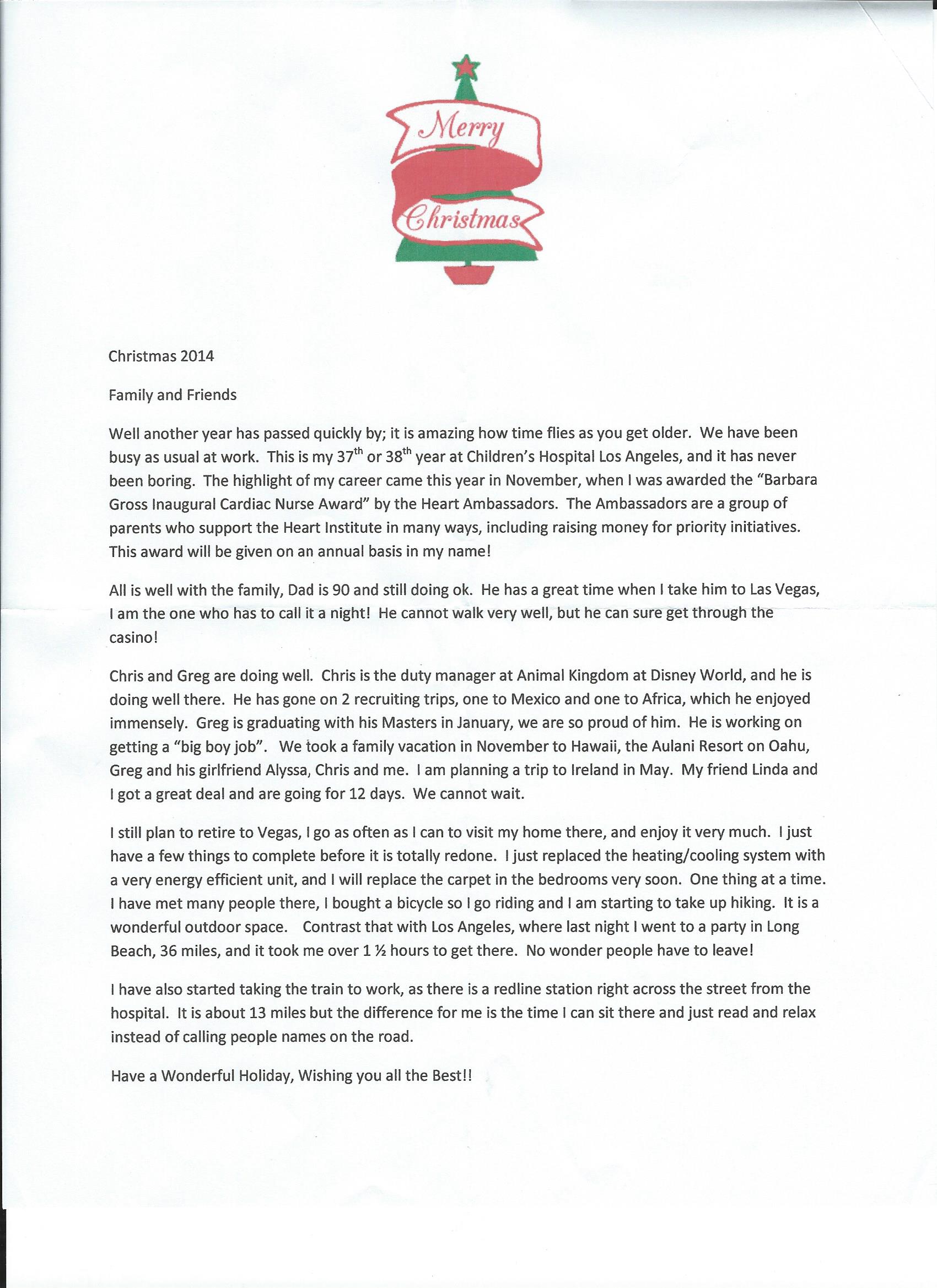 Barbara's 2014 Christmas Letter.