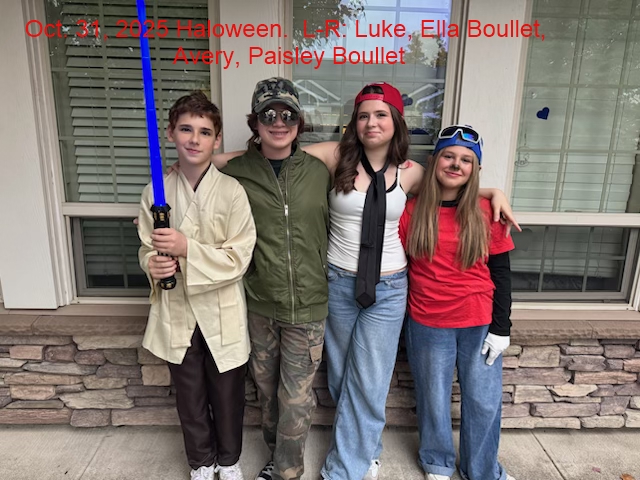 Oct. 31, 2025 dressed for Halloween, with step-brother, Luke and step-sister, Avery.