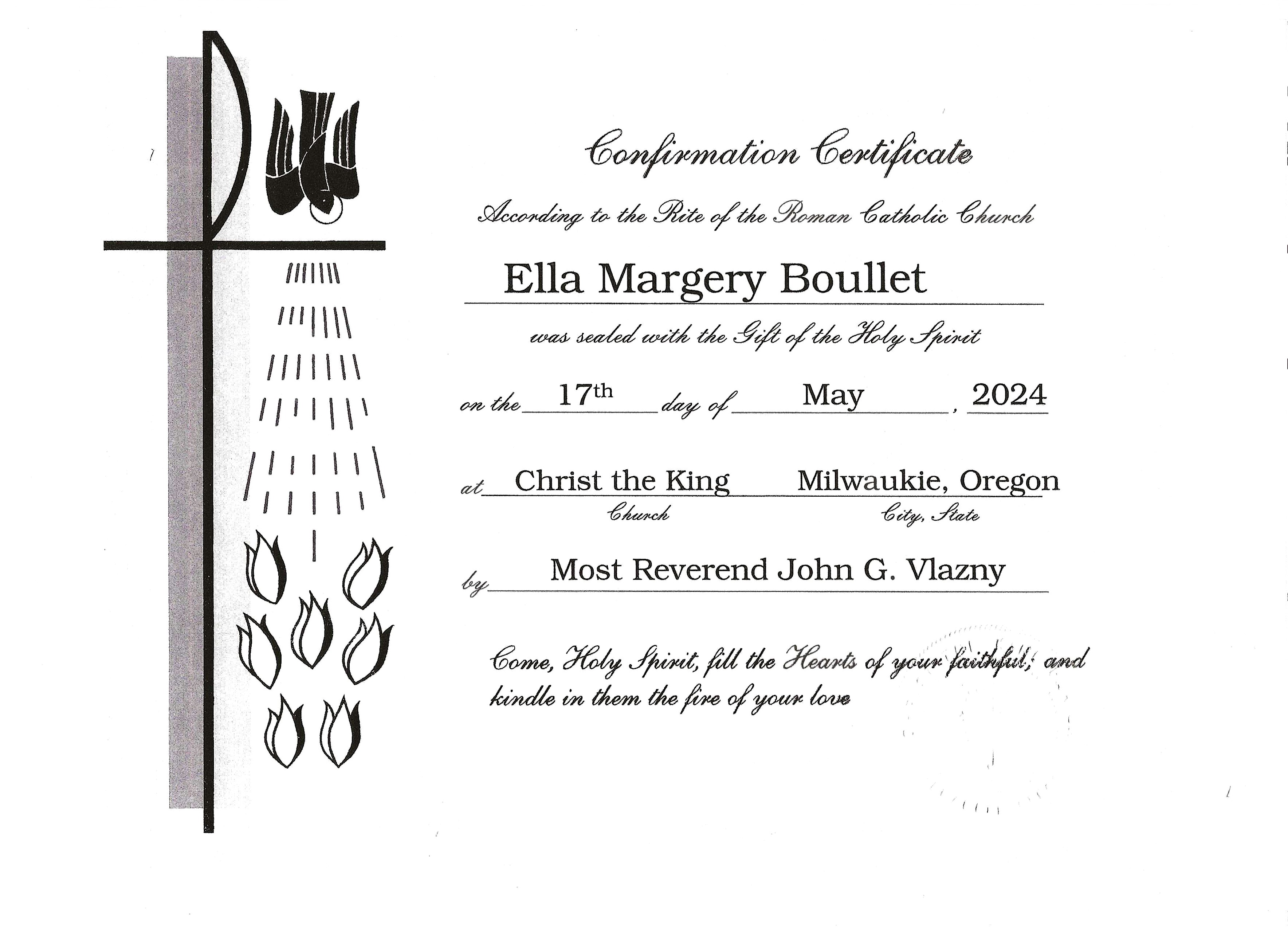 Ells's Confirmation Certificate, CTK Catholic Church by Retired Archbishop Vlazny.