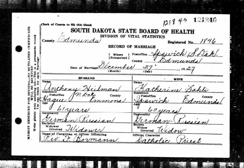 Anton Heilman and Katherine Sahli marriage document 3rd wife.