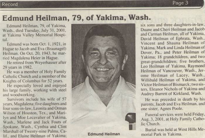 Edmund Obituary Notice, Emmons County Record