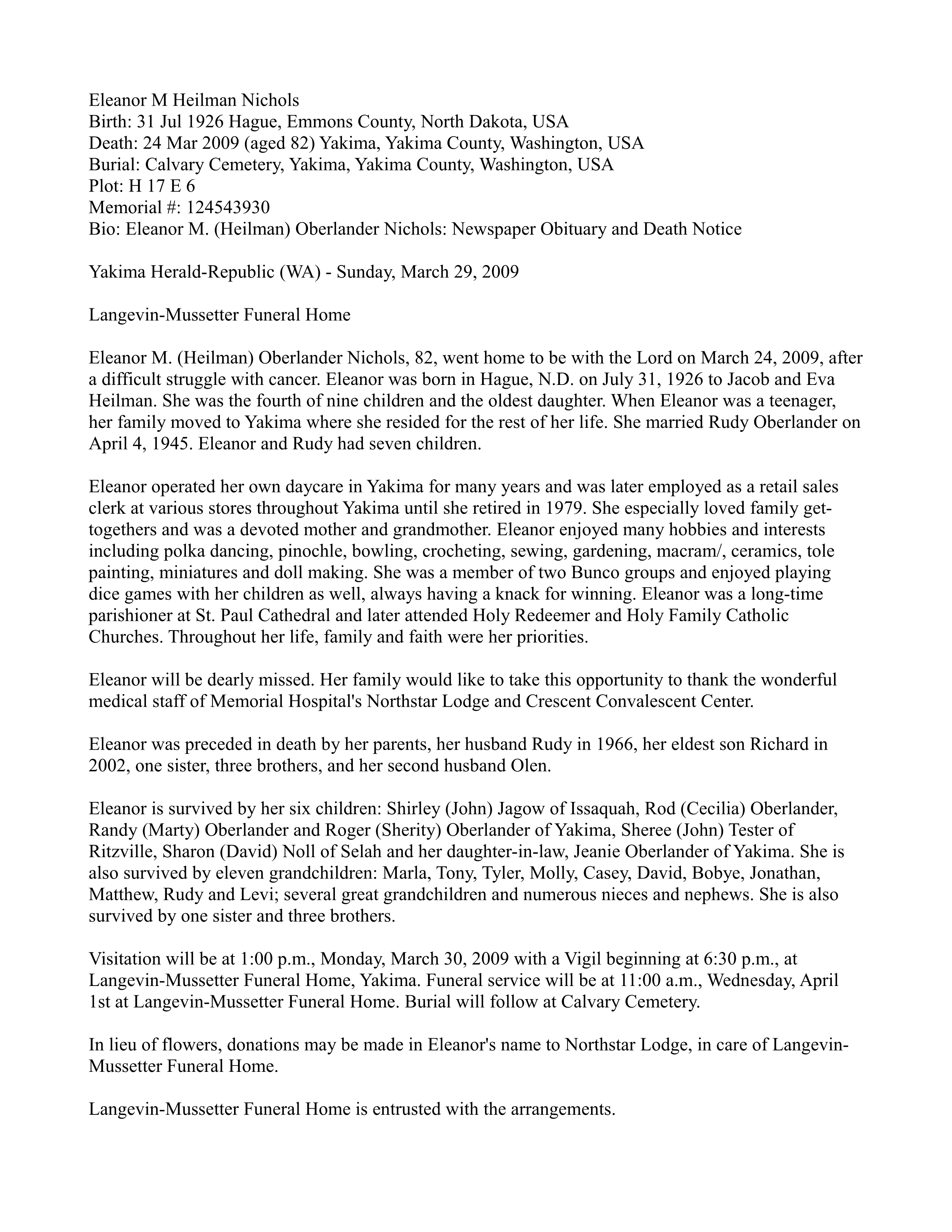 Eleanor Heilman, daughter of Jacob Heilman, obituary