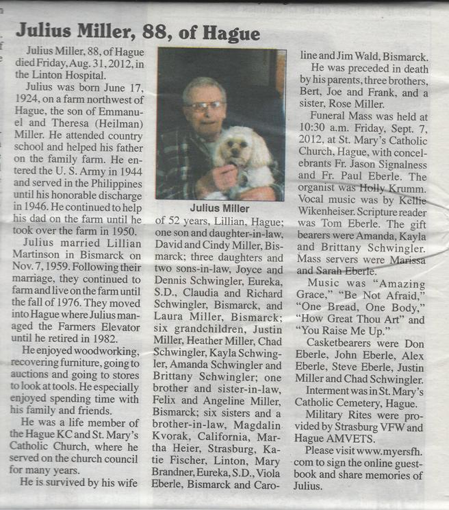 Julius Miller Obituary, Emmons County Record