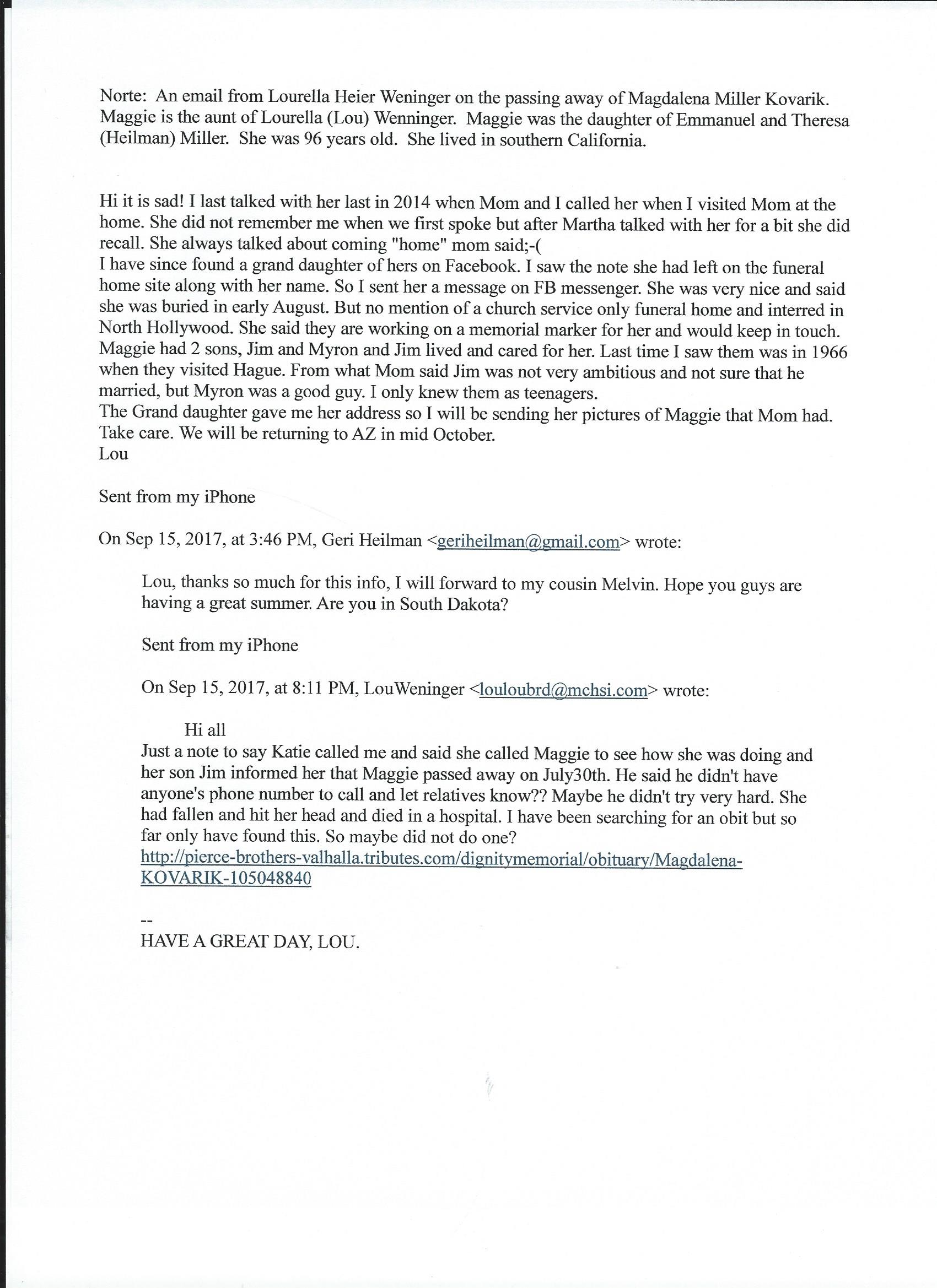 Maggie email from Laurella (Heier) Wenninger