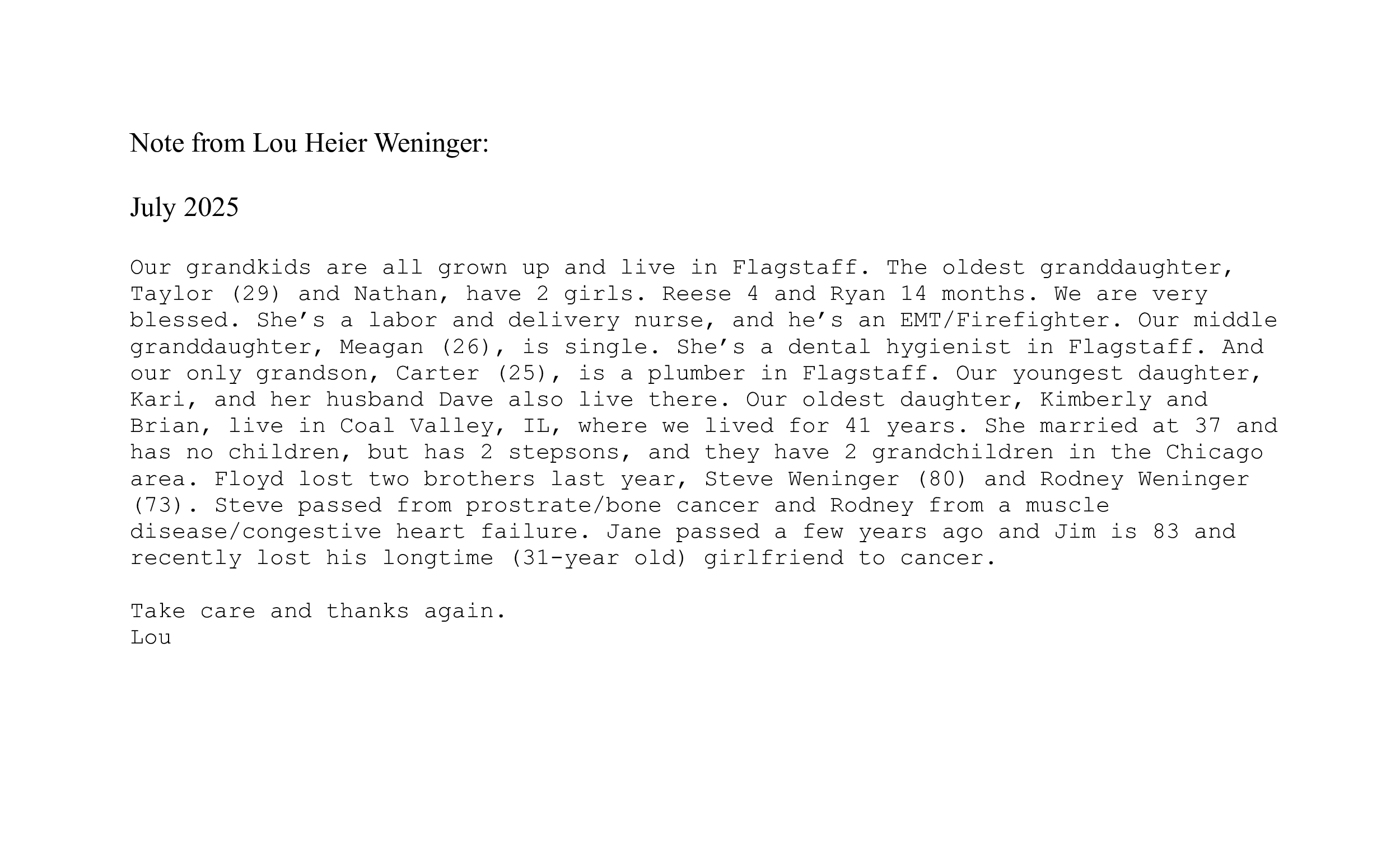 Note from Lou (Heier) Weninger